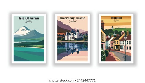 Honiton, Devon Castillo de Inveraray, Escocia. Isla de Arran, Escocia - Set de 3 Carteles de Viajes Vintage. Ilustración vectorial. Impresiones de alta calidad