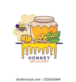 Honney vector illustration with bee, flower and leaf 