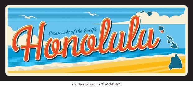 Honolulu amerikanische Stadt, USA Retro-Reiseteller und Reiseziel-Aufkleber. Amerikanische Reise Blechschild, USA Stadt Souvenir Postkarte. United States City Plate mit Karte und Touristenstrand