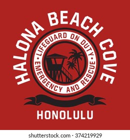 Honolulu beach lifeguard typography, t-shirt graphics, vectors