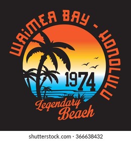 Honolulu beach typography, t-shirt graphics, vectors, surf, sport, 