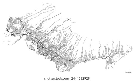 Mapa de la ciudad de Honolulu con carreteras y calles, Estados Unidos. Ilustración de contorno de Vector.