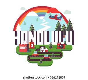 Honolulu city travel destination in USA. vector cartoon,