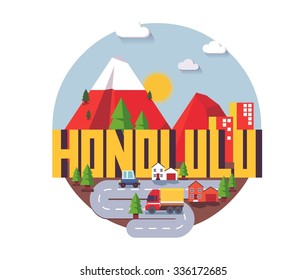 Honolulu city travel destination in USA. vector cartoon,