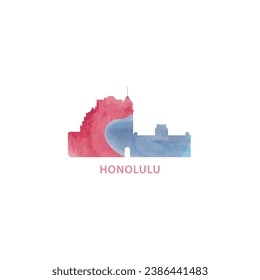 Honolulu city US watercolor cityscape skyline panorama vector flat modern logo icon. USA, Hawaii state of America emblem with landmarks and building silhouettes. Isolated red and blue graphic