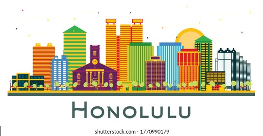 Honolulu Hawaii City Skyline with Color Buildings Isolated on White. Vector Illustration. Business Travel and Tourism Concept with Historic Architecture. Honolulu USA Cityscape with Landmarks.