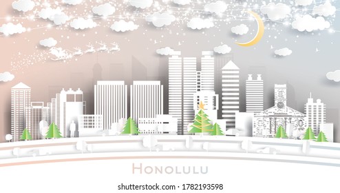 Honolulu Hawaii City Skyline in Paper Cut Style with Snowflakes, Moon and Neon Garland. Vector Illustration. Christmas and New Year Concept. Santa Claus on Sleigh.