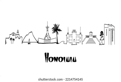 Honolulu Hawaii Wahrzeichen und Skyline in einer vereinfachten Linienzeichnung. Handgezeichnete Illustration. Panorama.