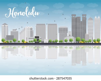 Honolulu Hawaii skyline with grey buildings and blue sky. Vector illustration. Business travel and tourism concept with place for text. Image for presentation, banner, placard and web site.