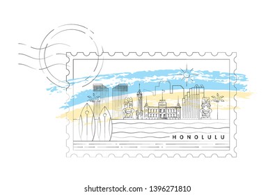 Honolulu, Hawaii skyline minimal vector stamp illustration and typography design 