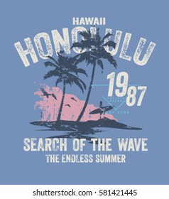 honolulu hawaii surf typography, t-shirt graphics , vectors.palm tree silhouette