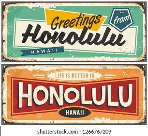 Honolulu Hawaii tin sign souvenir card idea. Greetings from Honolulu unique retro post card design. Travel destinations.