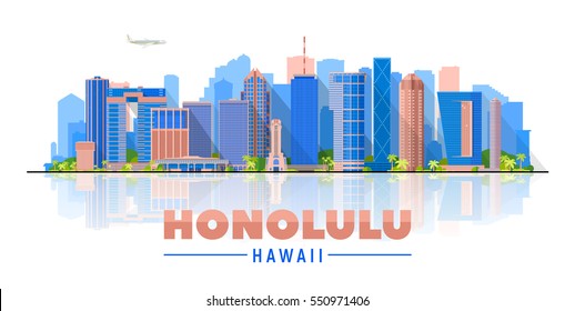 Honolulu Hawaii (United States) city skyline vector background. Flat vector illustration. Business travel and tourism concept with modern buildings. Image for banner or web site.