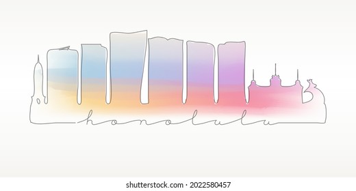 Honolulu, HI, USA Skyline Watercolor City Illustration. Famous Buildings Silhouette Hand Drawn Doodle Art. Vector Landmark Sketch Drawing.