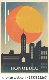 Honolulu retro city poster with abstract shapes of skyline, buildings. USA, Hawaii state vintage travel vector illustration, cityscape at sunrise, sunset