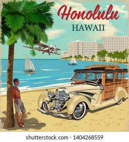 Honolulu Retro Poster With Retro Woody Car.