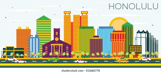 Honolulu Skyline with Color Buildings and Blue Sky. Vector Illustration. Business Travel and Tourism Concept with Modern Architecture. Image for Presentation Banner Placard and Web Site.