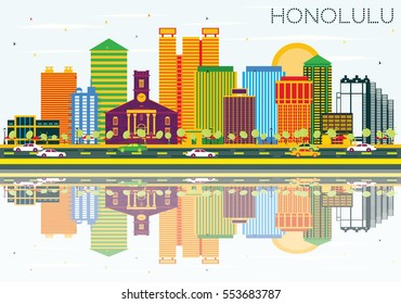 Honolulu Skyline with Color Buildings, Blue Sky and Reflections. Vector Illustration. Business Travel and Tourism Concept with Modern Architecture. Image for Presentation Banner Placard and Web Site.