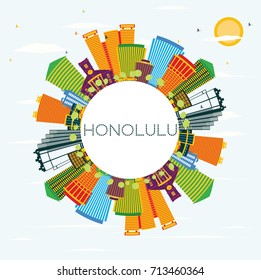 Honolulu Skyline with Color Buildings, Blue Sky and Copy Space. Vector Illustration. Business Travel and Tourism Concept with Modern Architecture. Image for Presentation Banner Placard and Web Site.