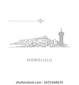 Honolulu Skyline Line Art com avião sobre a cidade.