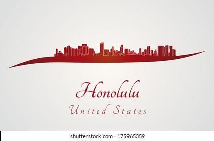 Honolulu skyline in red and gray background in editable vector file