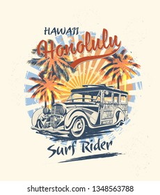 Tipografía honolulu para la impresión en t-pantalones con sol, playa y Camión retro Woody.Cartel de época.