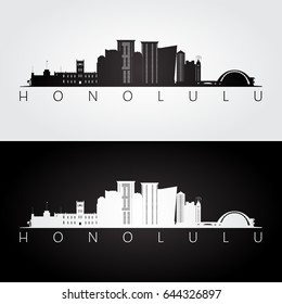 Honolulu USA skyline and landmarks silhouette, black and white design, vector illustration.