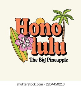 Honolulu Vector Retro Illustration Text with Icon