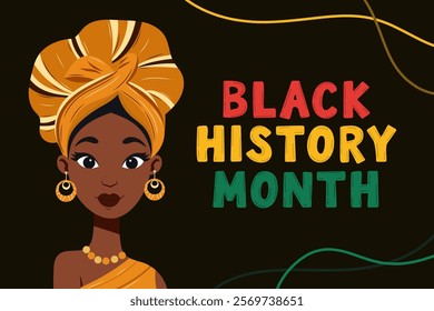 Honor Black History Month banner with African woman in traditional golden attire and bold lettering in vibrant Pan-African colors. Illustration in style historical tribute to African roots. 