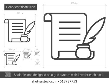 Honor certificate vector line icon isolated on white background. Honor certificate line icon for infographic, website or app. Scalable icon designed on a grid system.