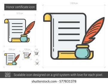 Honor certificate vector line icon isolated on white background. Honor certificate line icon for infographic, website or app. Scalable icon designed on a grid system.