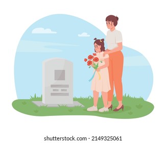 Honor of fallen Ukrainian hero 2D vector isolated illustration. Mother and daughter on grave flat characters on cartoon background. Memorial day colourful scene for mobile, website, presentation