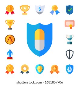 honor icon set. 17 flat honor icons. Included medal, trophy, shield, award icons