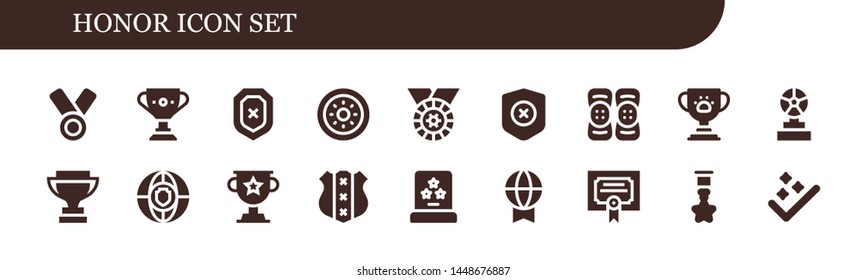 honor icon set. 18 filled honor icons.  Collection Of - Medal, Trophy, Shield, Kneepad, Award, Prize, Merit, Badge, Success