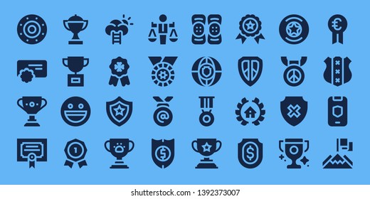 honor icon set. 32 filled honor icons. on blue background style Simple modern icons about  - Shield, Reward, Trophy, Merit, Yahoo, Insignia, Success, Badge, Value, Medal, Kneepad