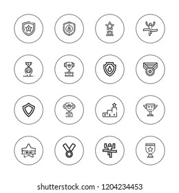 Honor icon set. collection of 16 outline honor icons with medal, shield, shields, trophy, win icons.