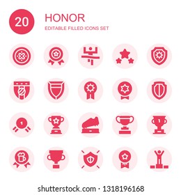 honor icon set. Collection of 20 filled honor icons included Shield, Medal, Winner, Award, Badge, Prize, Trophy, Medals
