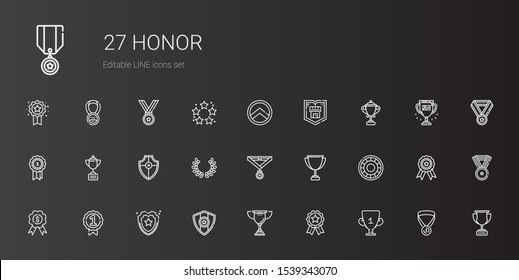 honor icons set. Collection of honor with trophy, badges, medal, shield, badge, laurel, best. Editable and scalable honor icons.