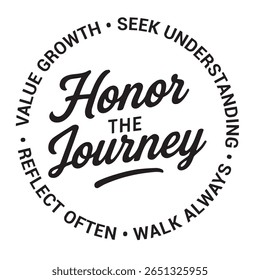 Honor the journey, value growth, seek understanding, walk always, reflect often, inspirational design quote, motivational quotes, typography illustration lettering quotes
