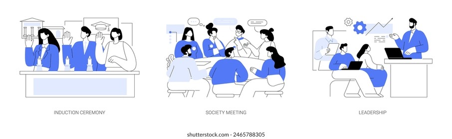 Honor Society isolated cartoon vector illustrations set. Group of students at college induction ceremony together, meeting members, wearing badges, leadership skill, lead conference vector cartoon.