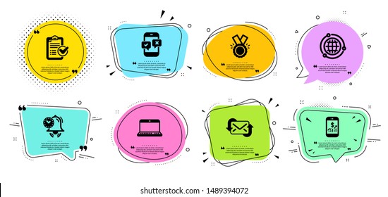 Honor, Survey checklist and Mobile finance line icons set. Chat bubbles with quotes. Time management, Phone survey and Refresh mail signs. Notebook, Globe symbols. Medal, Report. Education set. Vector