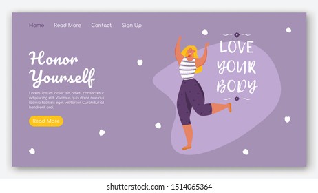 Honor yourself landing page vector template. Body positive website interface idea with flat illustrations. Feminism homepage layout. Love your body web banner, webpage cartoon concept