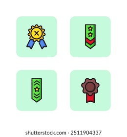 Conjunto de ícones de linha de marcas honorárias. Prêmios, militares e oficiais. Conceito de troféu. Ilustração vetorial para web design e apps