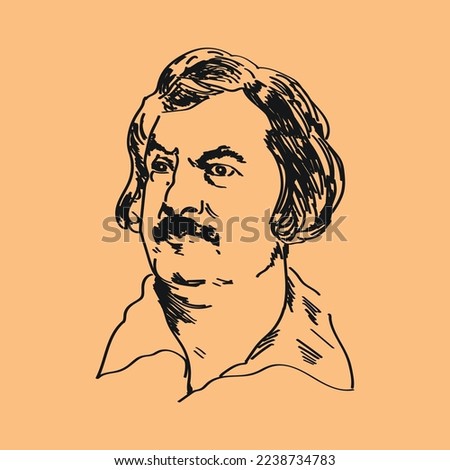 Honore De Balzac vector linear hand drawn Vintage Logo template on beige background. French novelist and playwright. Portrait.
