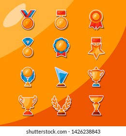 Honored golden and glassy medals, rewards, prizes and cups of honour element illustration pack