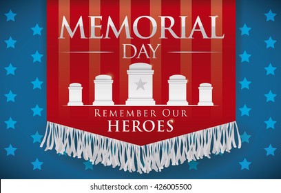 Honorific banner with fringes in its borders with tombstones and message for Memorial Day celebration.