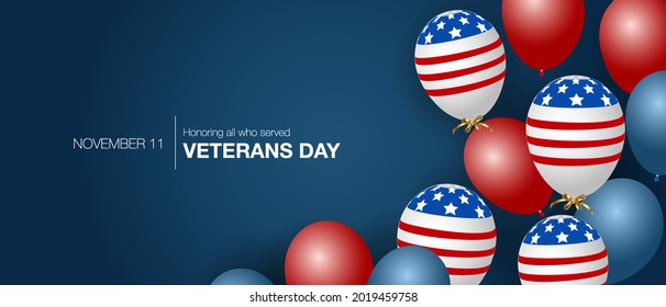 Honoring all who served, Thank you veterans, Veterans Day, November 11. USA ribbons and flags