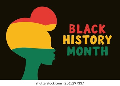 Honoring Black History Month banner with striking silhouette in vibrant colors of red, yellow, green, bold lettering on black background. Symbolic message illustration in heritage African roots style.