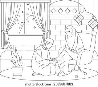 Honoring Elders for seeking forgiveness vector icon design ramadan Eid al-Fitr outline,Muslim fasting month sketch, Arabic holidays illustration, Boy giving foot massage to his moth in respect concept