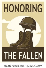 Honoring The Fallen Military Memorial Poster with Combat Boots and Helmet Silhouette
